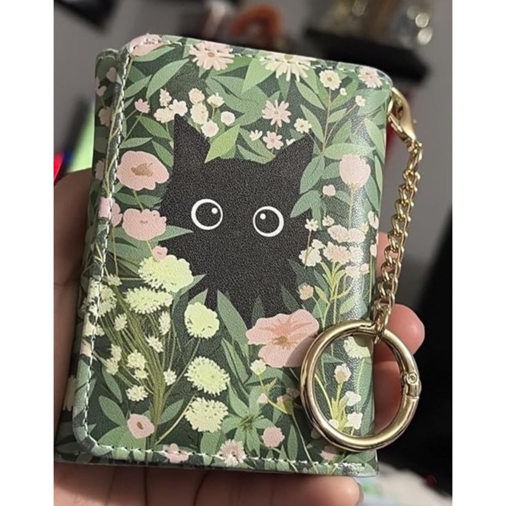 Floral Black Cat Floral Womens Wallet Small Slim RFID Blocking